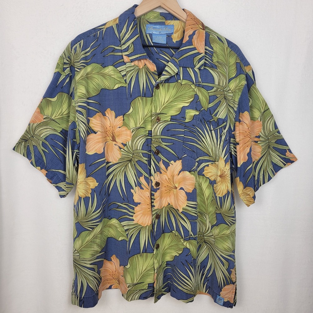 Bermuda Bay Mens XL Silk Tropical Floral Hawaiian Camp Shirt Blue Short Sleeve